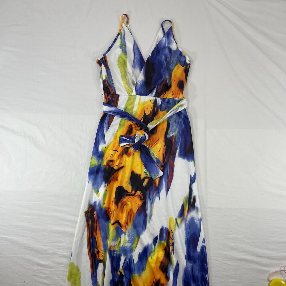 Abstract Floral Maxi Dress Tie Waist V-Neck Sleeveless Blue Yellow Small Women